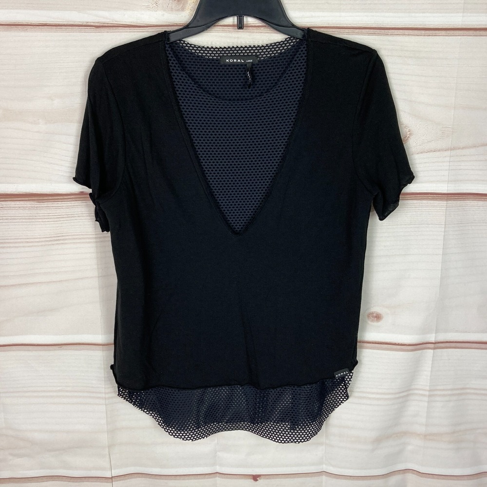 Koral Top Womens Large Black Double Layer T-Shirt Mesh V-Neck Short Sleeve Solid